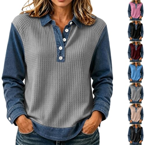 Waffle Tops for Women Denim Patchwork Collared Button Casual Shirts - image 1