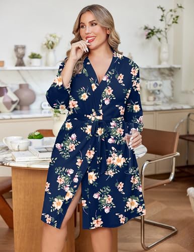 Image of Ekouaer Women Plus Size Robe Knee Length Lightweight Bathrobe Short Kimono Robes with Pockets Maternity Robe