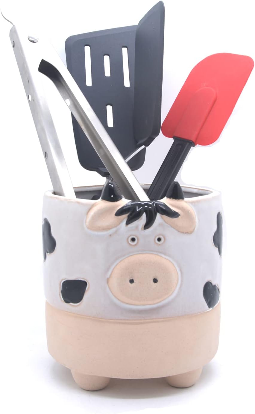 MONMOB Ceramic Cow Utensil Holder Farmhouse Kitchen Décor Kitchen Crock Storage Rustic Cooking Utensil Crock Counter Utensil Organizer