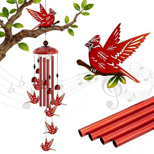 Cardinal Wind Chimes for Outside Cardinals Gifts for Women Memorial/Birthday Gifts for Grandma Mom Metal Red Bird Windchimes with Soothing Tones Christmas Outdoor Decor for Garden Patio Yard (35)