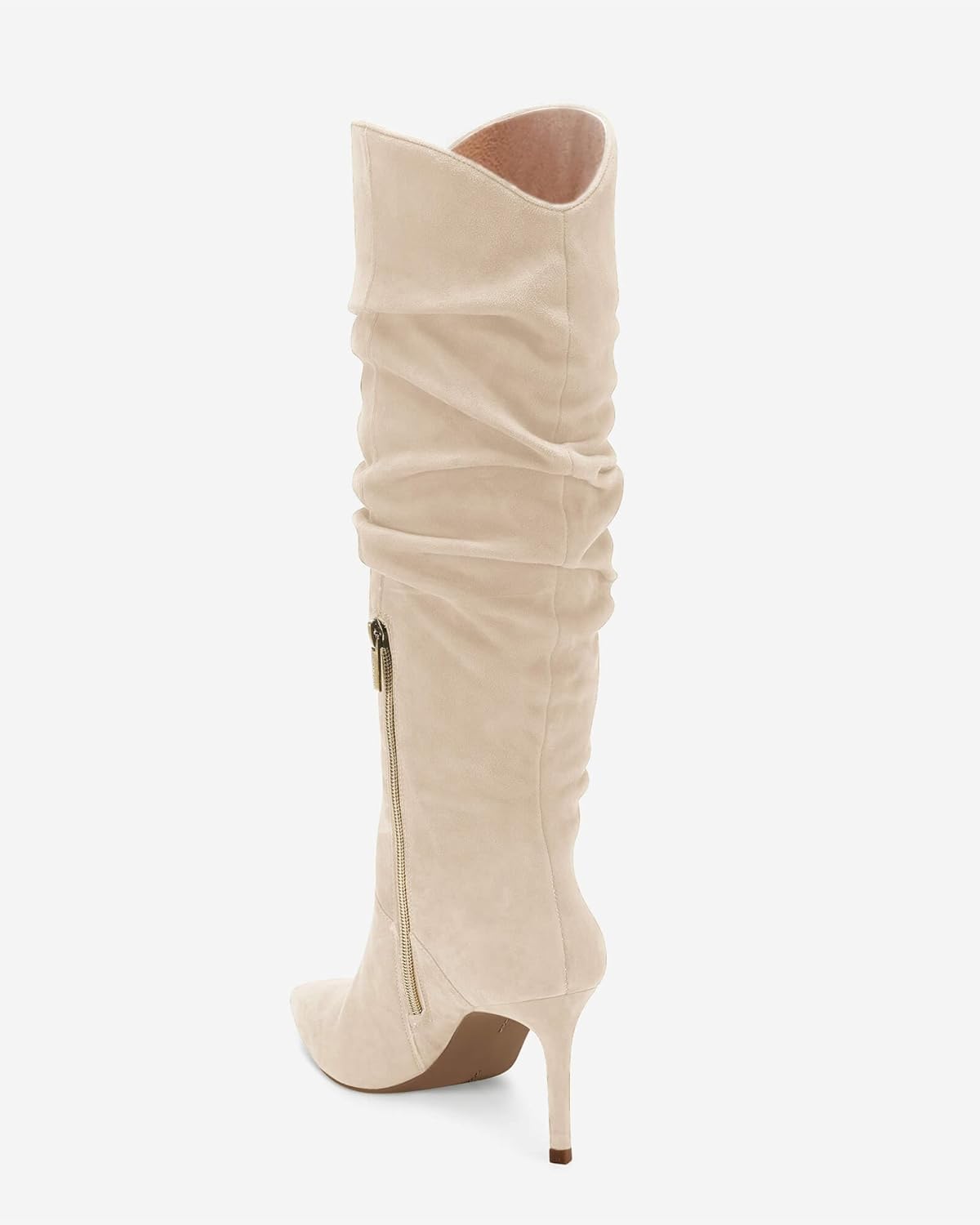 Coutgo Womens Knee High Boots Faux Suede Almond Toe Stiletto High Heel Slouchy Side Zipper Booties - Image 6