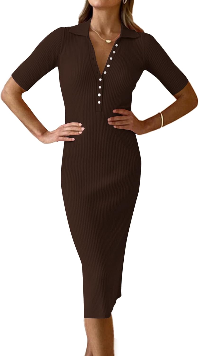 Rooscier Women's Collar V Neck Short Sleeve Button Up Ribbed Knit Bodycon Midi Dress Large Dark Brown