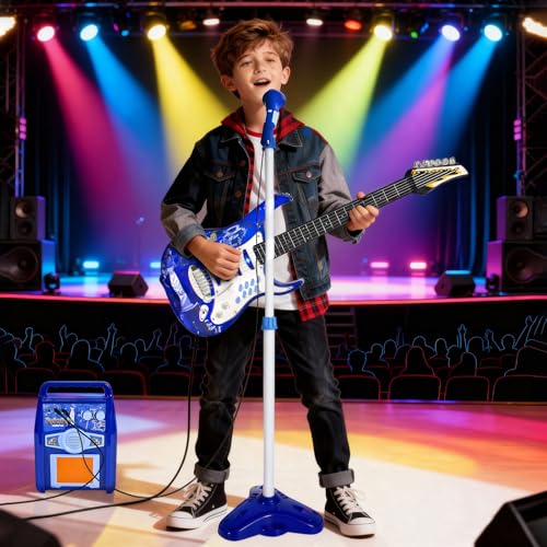 iMeshbean Guitar and Microphone Play Set for Kids,Adjustable Height Microphone with Stand,Electric Guitar Microphone Amplifier Set Karaoke Musical Instruments for Kids Girls Boys (Bule)