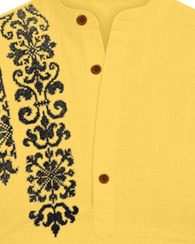 Image of FINIVO FASHION Men's Cotton Blend Short Kurta Shirt | Casual Ethnic Wear with Roll-Up Sleeves & Mandarin Collar | Comfortable Fit Tunic for Festive, & Summer Outings