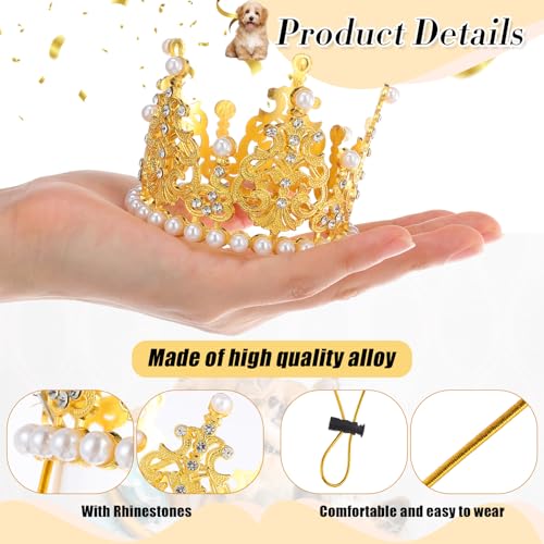 Talltalk Hundekrone, Kopfband, Haustier-Geburtstag, Party, Gold, Strass, Kunstperlen, Katzenkrone, Hut mit verstellbarem Riemen, für Welpen, Hochzeit, Haarschmuck, Foto-Requisite, Kostüm, Kleid, 4