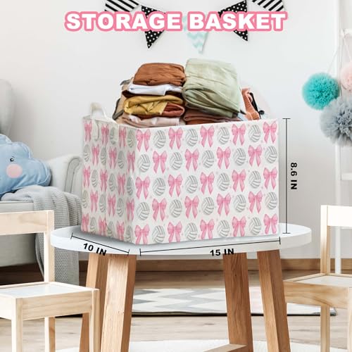 Image of Pink Bows Volleyballs Storage Baskets for Pink Nursery Decoration Bin, Foldable Storage Box Organizer for Clothes Toys Nursery, Large Canvas Laundry Hamper for Bathroom Bedroom Living Room