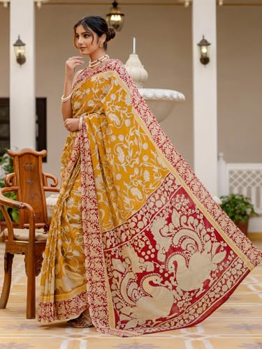 Image of SIRIL Women's Printed Ready to Wear Mul Cotton Saree With Unstitched Blouse Piece
