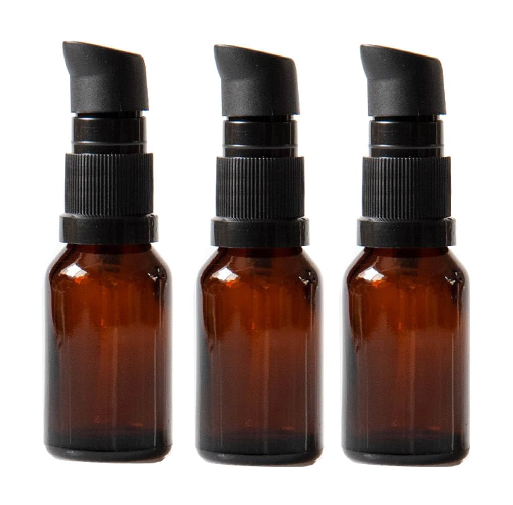3PCS 15ml 0.5oz Empty Refillable Amber Glass Lotion Bottle Cosmetics Vial Case Holder with Black Pump Head and Clear Cover for Lotion Cream Essential