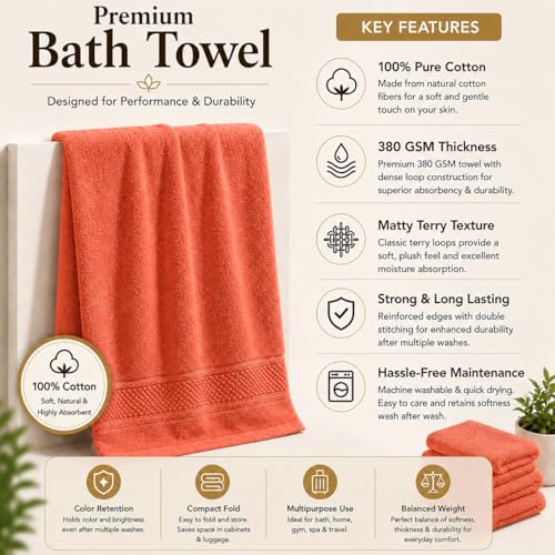 Image of 100% Pure Cotton Bath Towel for Men & Women | 380 GSM Ultra Soft, Highly Absorbent & Quick Dry Bath Towel | Large 55 x 28 Inch Matty Terry Towel for Bathroom, Gym, Travel & Daily Use | Rust