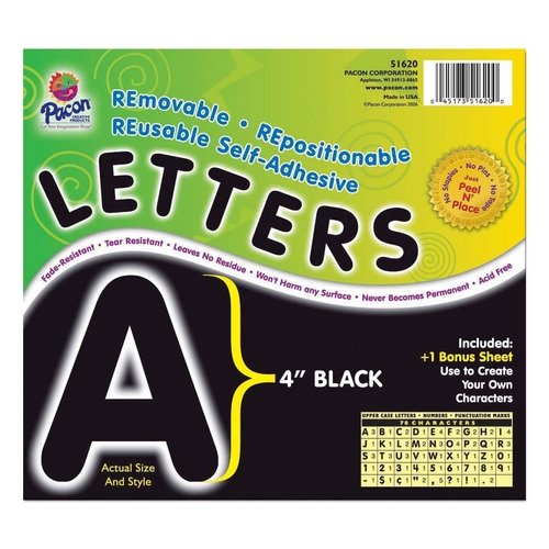 Pacon SelfAdhesive Removable Letters 78 Character 4" Black