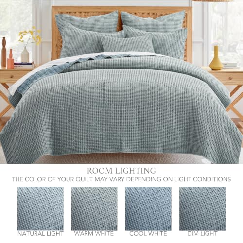 Image of Levtex Home Mills Waffle Full Bedspread Set (100x104in) with 2 Pillow Shams (26x20in) - Chambray - Cotton Waffle Full Size Bedspread Set - Lightweight, Soft, Pre-Washed