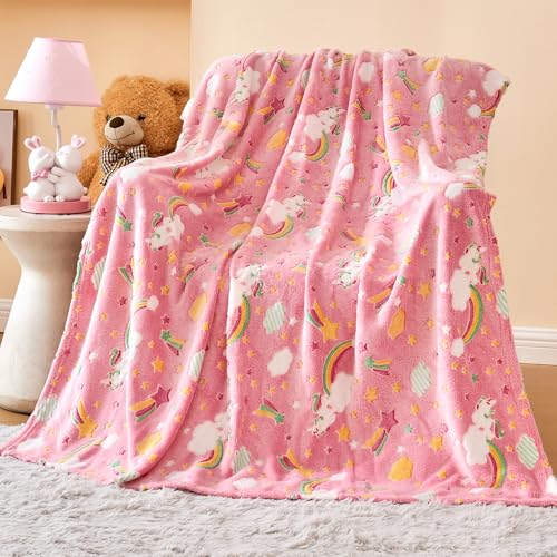 Wajade Rainbow Gifts for Girls - Glow in The Dark Rainbow Blanket Birthday Christmas Decor for Kids Age 3 4 5 6 7 8 9 10 11 12 Years Old Teens Child Toddler Throw Pink 50"x60" by Wajade - Used condition - Image 5