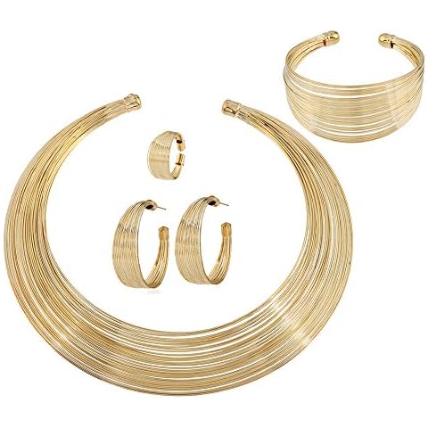 HUSION Womens Fashion African Jewelry Sets Gold Plated Alloy Multi-Layer Chain Choker Necklace Hoop Earrings Cuff Bangle Bracelet Ring Set Cover