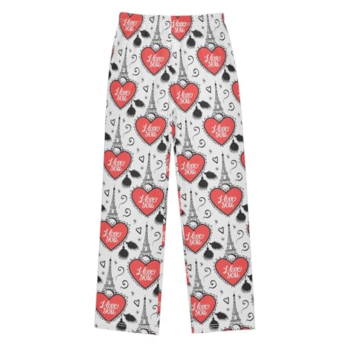I Love You Eiffel Tower Boys Long Pants Soft Trousers Elastic Waist Kids Lounge Bottoms with Pockets S-XL