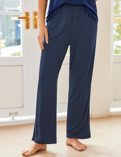 Image of Ekouaer Pajama Sets for Women Short Sleeve Pj Set V Neck Sleepwear Chest Pocket with Long Pants Casual Loose Loungewear