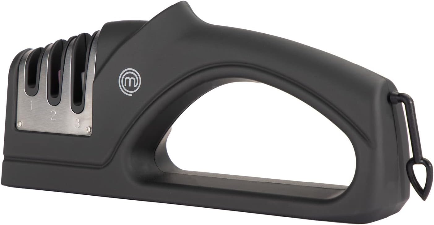 MasterChefKitchen Knife Sharpener 3 Stage Sharpening System (Coarse/Medium/Fine) For Steel Blade Knives & Scissors With Ergonomic Soft Touch Handle & Non Slip Base, Black