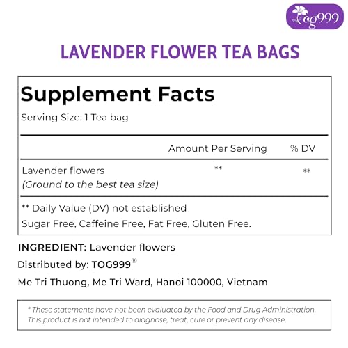 Image of TOG999, Premium 60 Lavender Flower Tea Bags, 100% Natural & Pure. Loose Flower Lavender Herbal Tea. No Sugar, No Caffeine, No Gluten, Vegan.