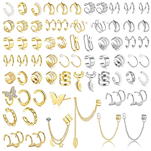 FIOROYAL Juego de 66 pendientes de aro para hombre y mujer, oro y plata, sin agujero, pendientes falsos, hélix, cartílago envolvente, pendientes de clip, Acero aleado
