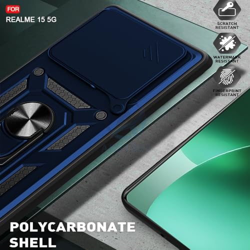 Image of AESTMO Tough Armor Realme 15 5G Bumper Back Case Cover | Ring Holder & Sliding Camera Shield Cover | 360 Degree Protection Back Case Cover for Realme 15 5G (Blue)