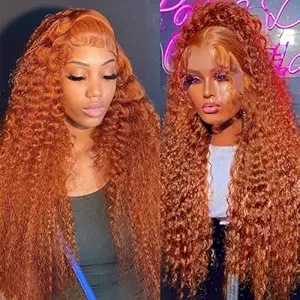 13x4 Ginger Deep Wave Lace Front Wigs Human Hair Orange Ginger 13x4 HD Transparent Lace Frontal Wig for Women 180% Density Glueless Curly Wigs Pre Plucked 350 Color 32 Inch