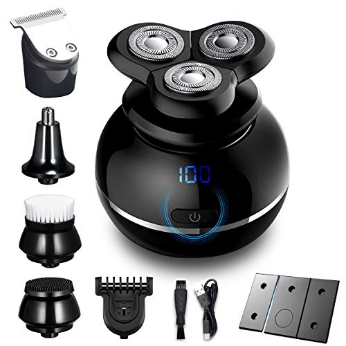Hair Clippers for Men 5 in 1 Hair Trimmer Rechargeable IPX7 Waterproof Razor with 3D Rotary Shaver, Nose Hair Trimmer, Soft Face Cleansing Brush and Massager Sponge with Travel Lock and 2 Shave Speeds