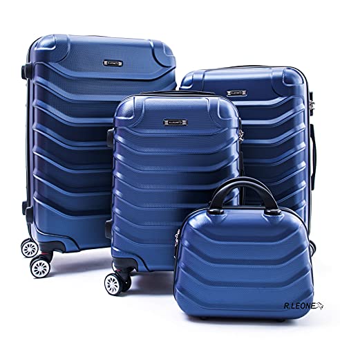 R.Leone Valigia Set 4 Trolley Rigido grande, medio, bagaglio a mano e beauty case 4 ruote in ABS...