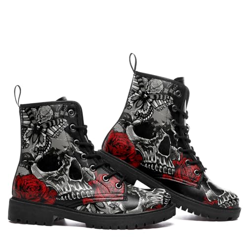 Image of Custom Black Combat Boots for Women Fashion Lace-Up Skull Rose Ankle Booties Chunky Heel Platform Leather Boots