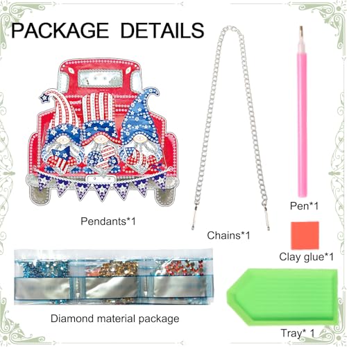 Image of AiYuanzsh Red Car Gnome Diamond Painting Hanging Kit, 5D DIY Acrylic Special Shaped Diamond Art Pendant Ornament with Chain, Independence Day Wall or Door Decor, July 4th Crystal Art Kit for Adults