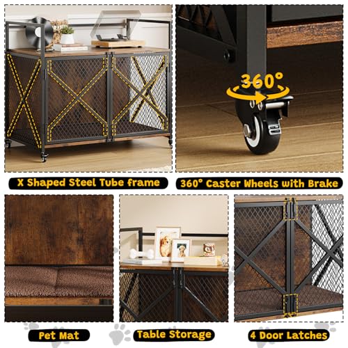 31 Inch Dog Crate Furniture, Heavy Duty Decorative Dog Cage with Lockable 360° Wheels, Double Door Dog Kennel End Table for for Small Medium Large Dog, Rustic Brown