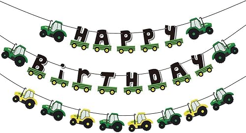 Cartel de feliz cumpleaños de tractor verde, suministros de fiesta de cumpleaños, decoración de fiesta de granja para niños, baby shower, guirnalda