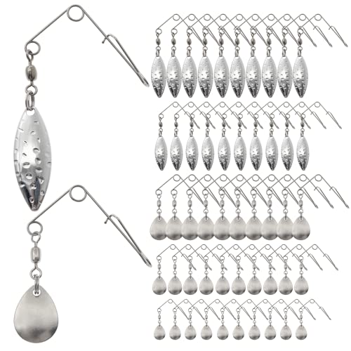 Ghanneey 50Pcs Spinnerbaits Smooth Spoons Kit 3 Size of Fishing Spinner Blades Kit with Willow Fishing Lures Replacement Accessories