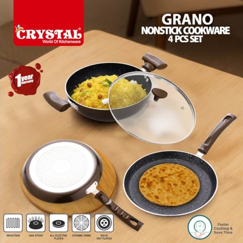 Image of Crystal Vivid Series Induction Base Non Stick Cookware Set- 4 Pcs | Tawa 250 mm + Fry Pan 240 mm + Kadai 240 mm + Glass Lid 240 mm | 3 mm Thickness | Metal Spoon Friendly