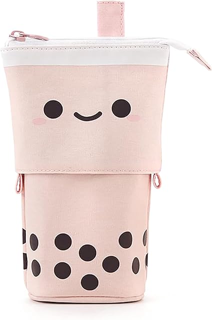 Maomaoyu Cute Cartoon Stand up Pencil & Pen Case Box Pouch, Portable Art School Office Cosmetic Bag, Large Lightweight Canvas Holder for Kids Students Adults Girls Boys Gifts, Pink&Dot