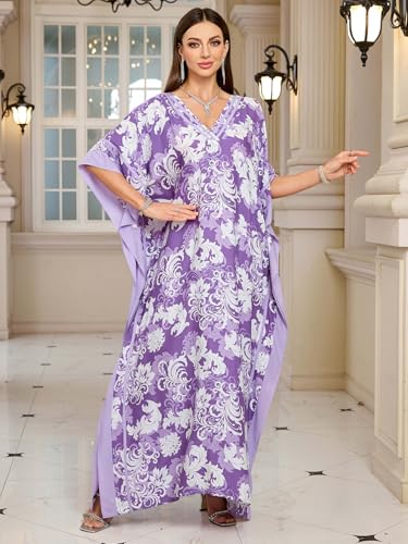 Image of KECVOT Kaftan Dresses for Women V-Neck Print Swimsuit Cover Up Plus Size Beach Caftan Lounge Dress