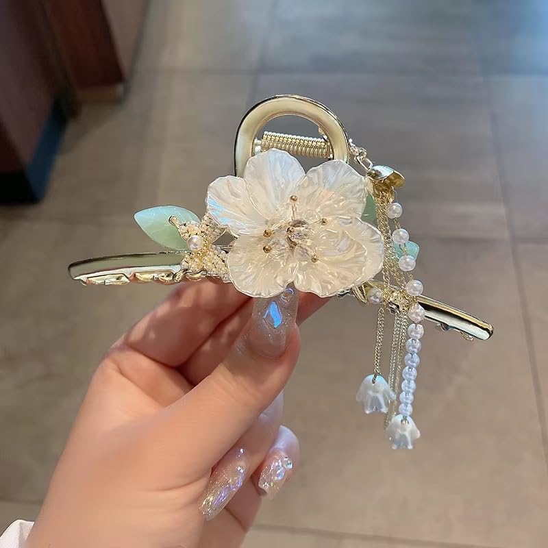 Image of Diversa Rhinestone Golden Claw Clip, Embellished Korean Clutcher, Non- Slip Metal Claw Clip for Girls, Fancy Clutcher for Women, Pack of 1 (Hibiscus)