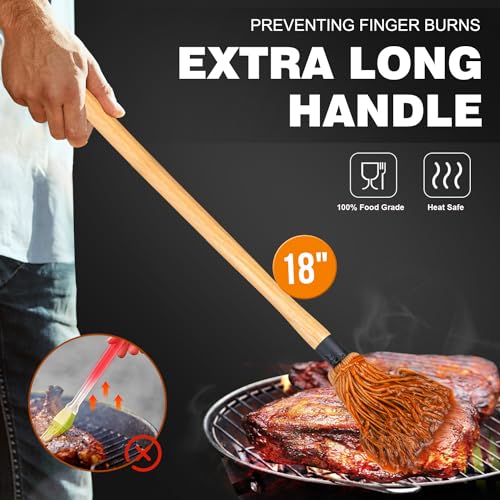 Image of Walfos Basting Brush Silicone and BBQ Mop, Grill Basting Mop with 3 Heads and 2Pcs Pastry Brushes, Wooden Long Handle, Heat Resistant for Grilling, Smoking Steak, Kitchen Cooking (18 inch）