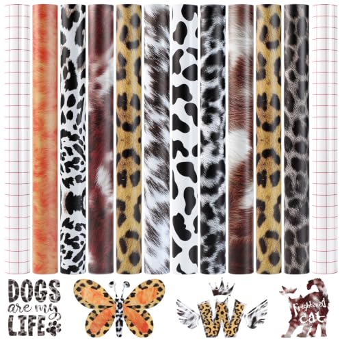 Image of HTVRONT Leopard Permanent Vinyl 10 Sheets 12 inchx10 inch Cowhide Adhesive Vinyl | Brown cow, cheetah print animal vinyl for craft projects, includes 2 transfer papers, compatible with Cricut & Silhouette