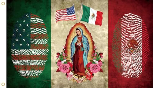 Image of Mexican American Flag with Virgin of Guadalupe, Mexico USA Flag 3x5 Ft, Polyester, Indoor Outdoor Banner