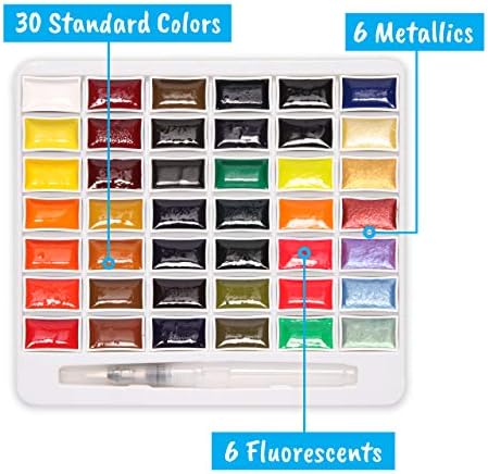 Artistik Watercolour Paint Set - 42 Pans Richly Pigmented Artist Quality Colours Includes 6 Vibrant Metallics, 1 Waterbrush Pen in a Metal Tin, for Professionals Artists, Beginners and Hobbyists