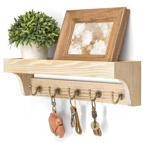 Image of Rebee Vision Farmhouse Pine Wood Key Holder Wall Mount for Room Decor - Rustic Key Holder for Wall with Shelf for Small Plant and Cute Things - Ideal Entryway Organizer in House (Natural Wood)