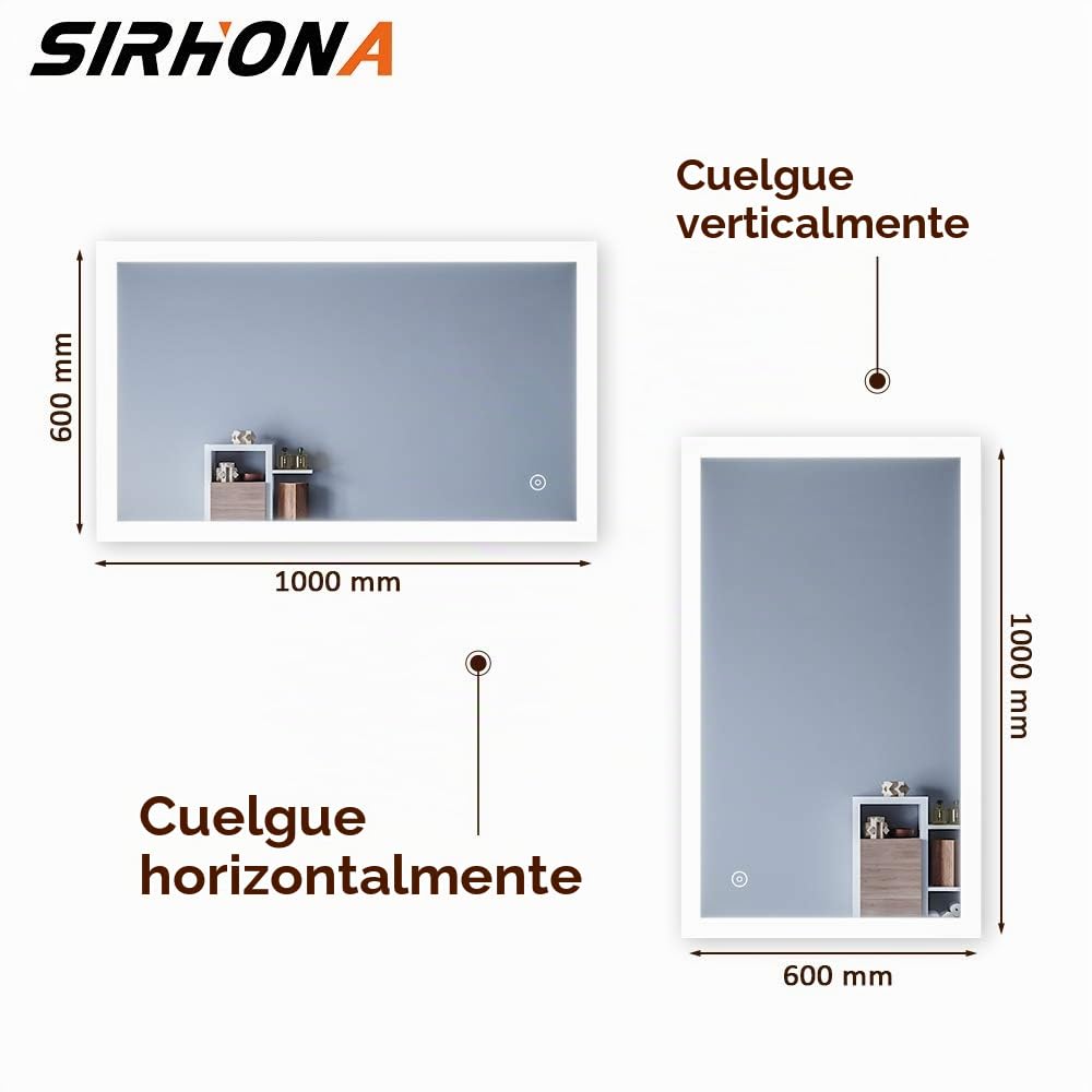 SIRHONA Espejo de Baño 60x100cm Espejo Baño con Iluminación LED, Espejo de Pared con Interruptor Táctil,Espejo de Luz de Baño con ANTIVAHO Luz Espejo de Pared con Accesorios
