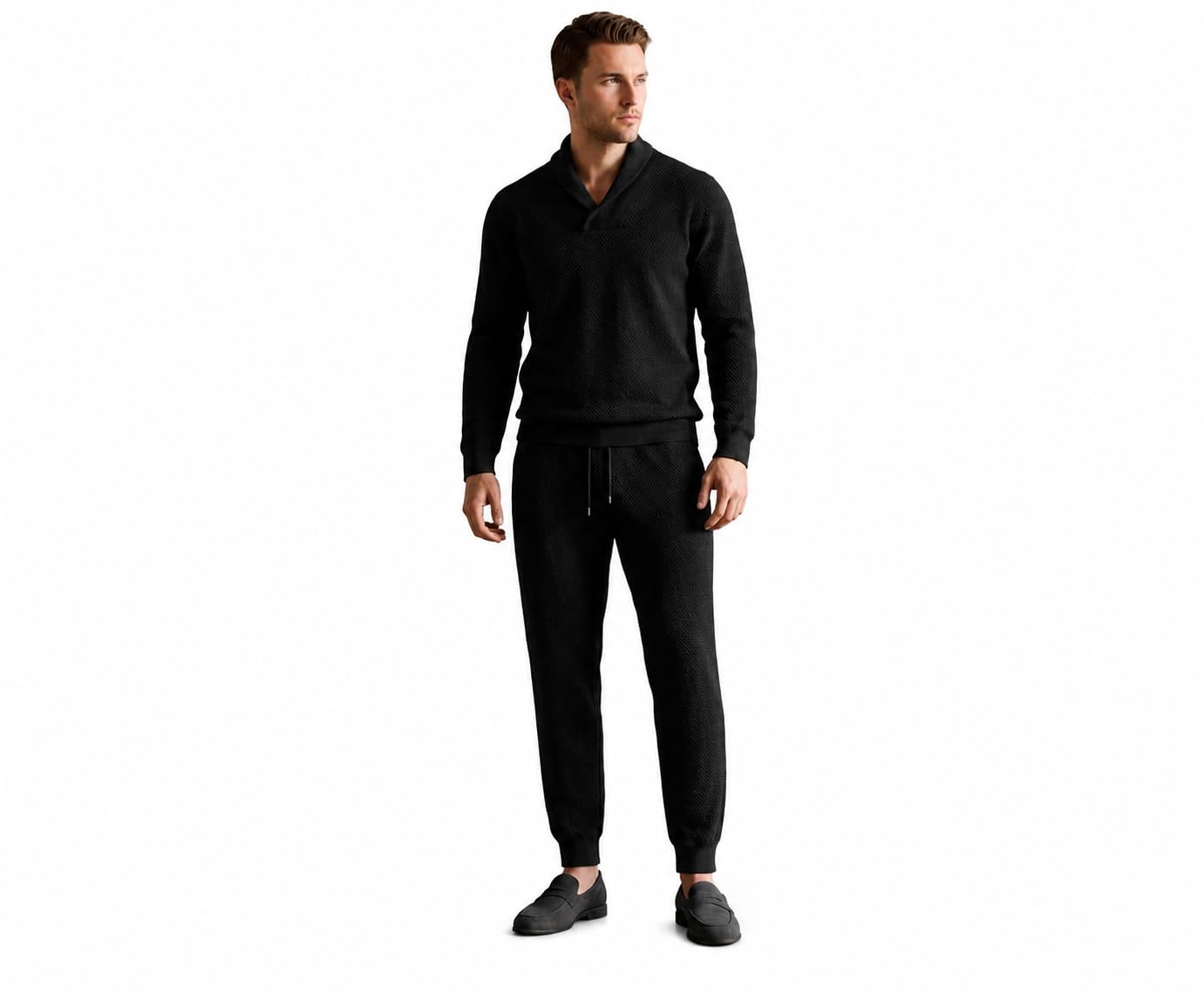 Men's Black Textured Knit Co-Ord Set, Shawl Collar Sweatshirt with Jogger Pants, Slim Fit Casual Tracksuit (IN, Alpha, XL, Regular)-image-13