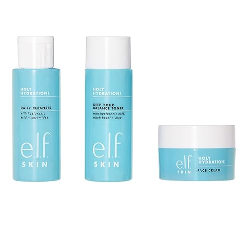 e.l.f. Skin Holy Hydration! The Essentials Mini Kit, limpiador, tóner e hidratante para pieles hidratadas y equilibradas, tamaños amigables con la