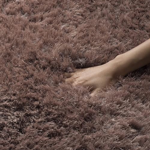 Image of Non Shedding Shaggy Carpets for Living Room 4x4 feet Square Soft Fluffy Solid Plain Fur Rugs Bedroom Floor Brown Color