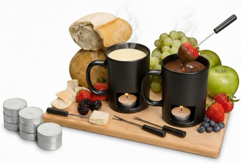 Evelots 2-Pack Mini Ceramic Fondue Pots for Chocolate & Cheese - Black Mugs with 4 Forks, 8 Tealights - Romantic Date Night Gift Set