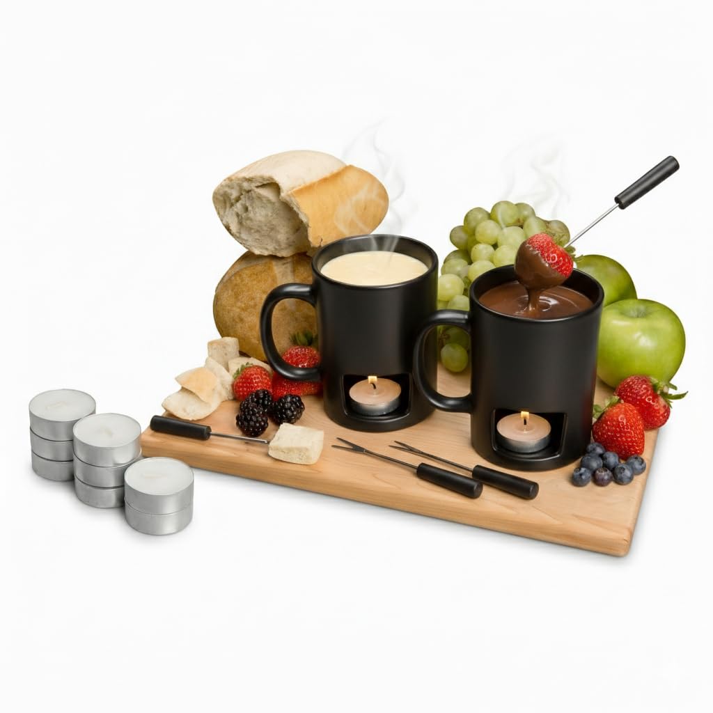 Evelots Fondue Pot Set for Chocolate, Cheese, Candy (2 Pack) Mini Ceramic Fondue Mugs Gift Set with 4 Forks & 8 Candles - Great for Date Night Birthday & Wedding Gifts – Black