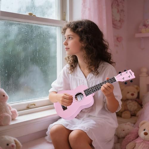 Image of ADM Ukulele for Beginners Hawaiian Sapelewood Ukelele Kit for Adult Student Starter Professional Ukalelee Pack Bundle with Free Lessons Gig Bag Strap Nylon String Tuner (Pink-Sapele, 21 Inch)