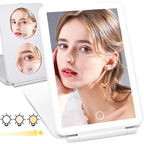 Touchfeel Rechargeable Travel Mirror With Light, Portable Mirror With Lights, Makeup Mirror 3X/5X Magnification, 3 Color Lighting, Touch Sensor Dimmable, Tabletop Led Folding Travel Mirror (White) #TOP7