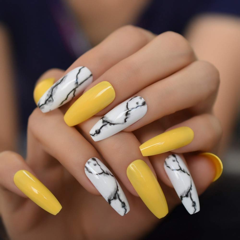 Amazon.com: Coolnail Glossy Nails Yellow White Marble Press on False Nails  Extra Long Coffin Ballerina Frosted UV Detachable Fingersnails Beauty :  Beauty & Personal Care