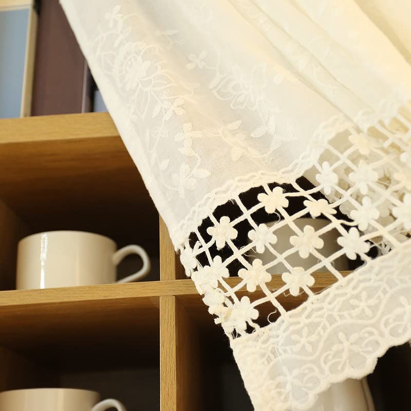 Daliena Rideau brise-bise court en coton avec broderie florale - Rideau de cuisine - En coton - Style maison de campagne - 150 x 53 cm (l x H) - Blanc - 1...